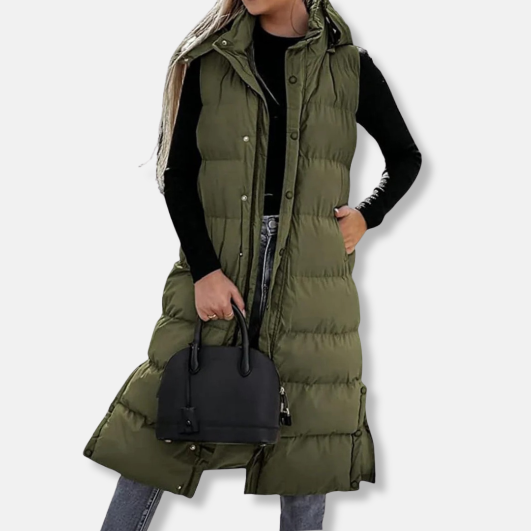Veronica Long Puffer Vest | Quilted Hooded Sleeveless Vest