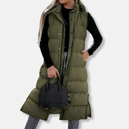 Veronica Long Puffer Vest | Quilted Hooded Sleeveless Vest