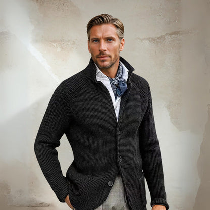 Men's Cardigan – Tailored Fit – Soft Knit – High Collar – Button Closure