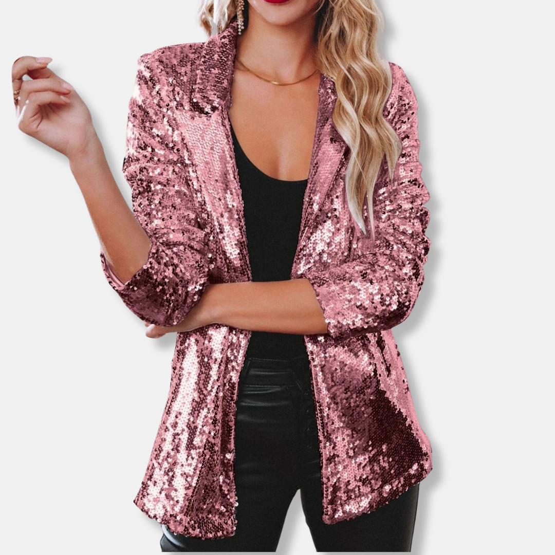 Olivia Sequin-Embellished Collared Blazer | Relaxed Fit Hip-Length Blazer