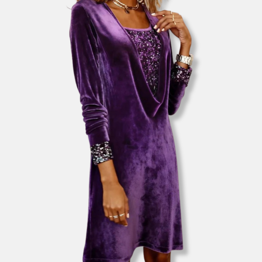 Isla Sequin Embellished Draped Knee-Length Dress | Cowl Neck Long Sleeve Dress