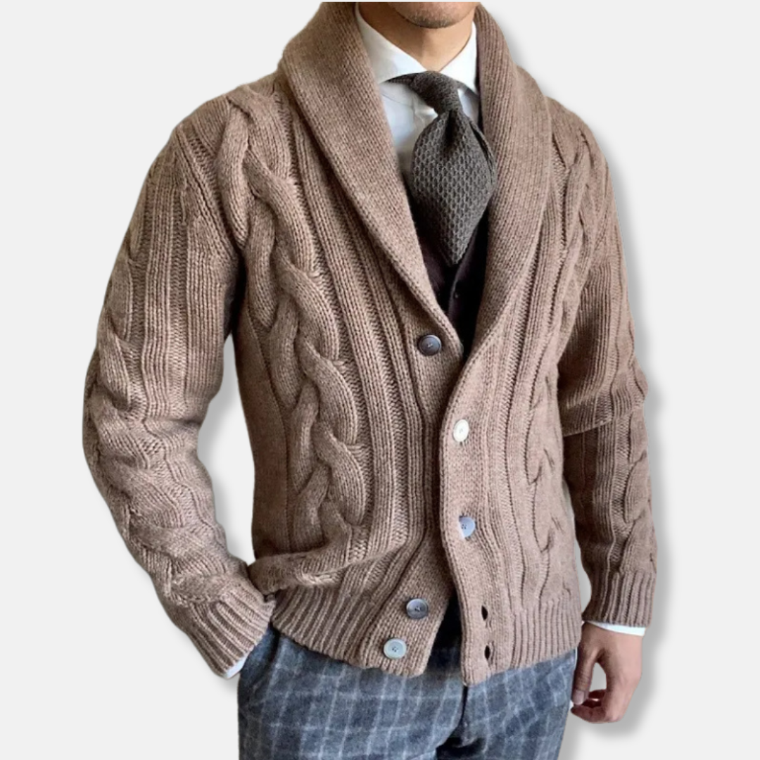 Men's Cardigan – Cable Knit – Regular Fit – Wool – Shawl Collar – Button Closure