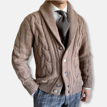 Men's Cardigan – Cable Knit – Regular Fit – Wool – Shawl Collar – Button Closure