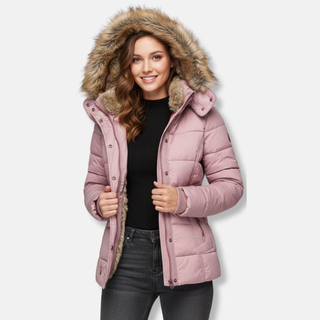 Isla Quilted Puffer Jacket | Fur Trim Hood Hip-Length Jacket