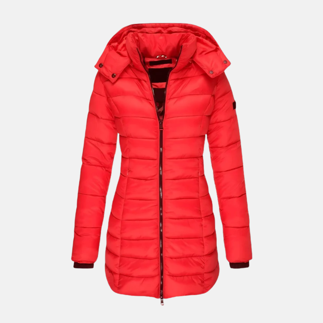 Women’s Puffer Coat - Slim Fit - Mid-Length - Hooded - Ribbed Cuffs