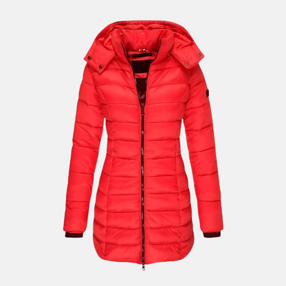 Women’s Puffer Coat - Slim Fit - Mid-Length - Hooded - Ribbed Cuffs