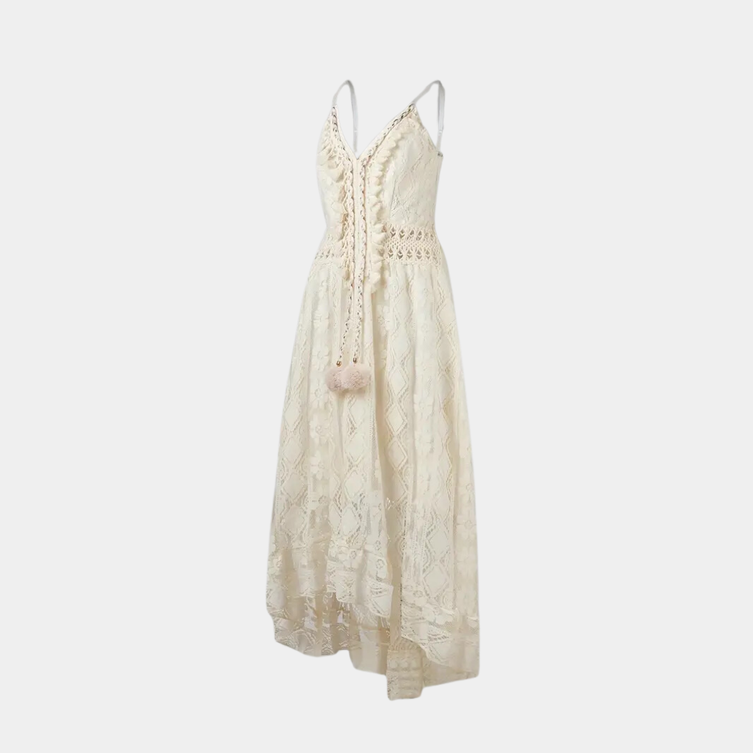 Women's Midi Dress – Relaxed Fit – Lace Details – Spaghetti Straps – Boho Look