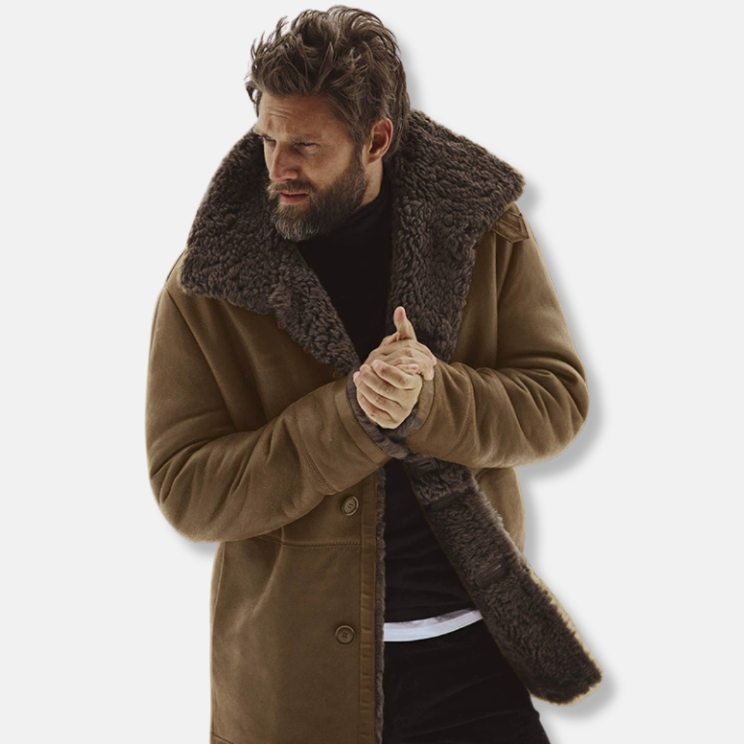 Men’s Coat - Woven Fabric - Relaxed Fit - Mid-Thigh Length - Shearling Collar