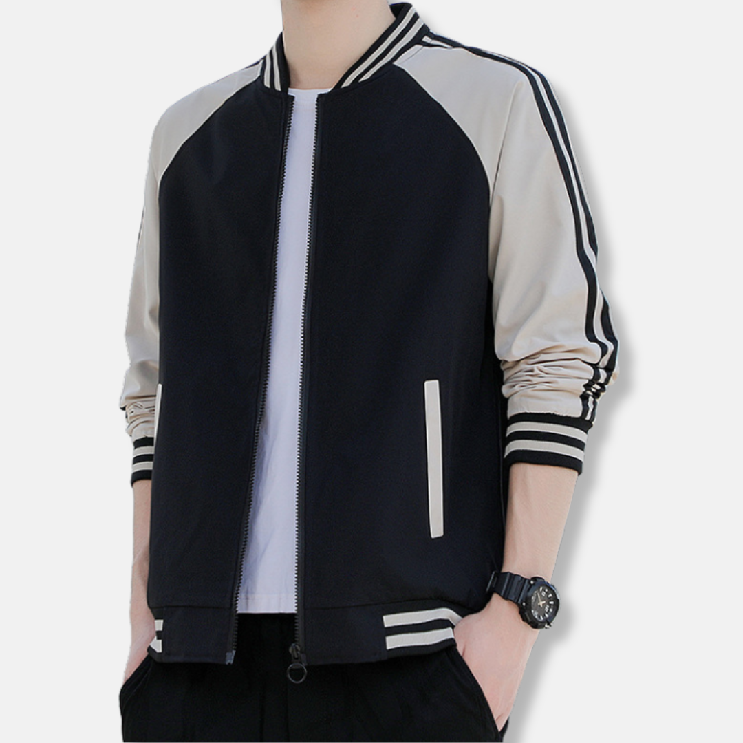 Men's Bomber Jacket – Relaxed Fit – Breathable Lightweight Fabric – Ribbed Trims – Striped Sleeves