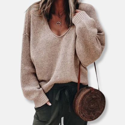 Women's Knit Sweater – Relaxed Fit – Deep V-Neck – Long Sleeves – Soft Wool Knit
