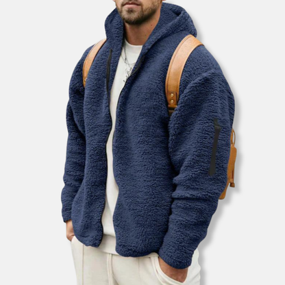 Men's Zip-Up Hoodie – Sherpa Fleece – Relaxed Fit – Hood – Ribbed Edges