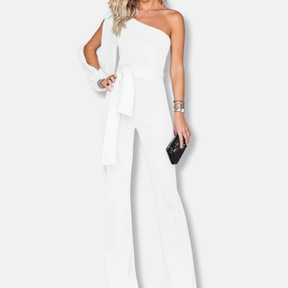 Women's Jumpsuit – One Shoulder – Slim Fit – Belted Waist – Flared Leg