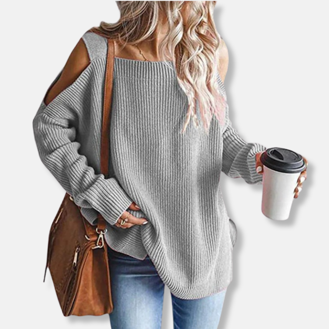 Women's sweater - Open shoulder knit - Loose fit - Ribbed texture