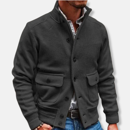 Men's Jacket – Slim Fit – Ribbed Texture – High Collar – Button Closure – Flap Pockets