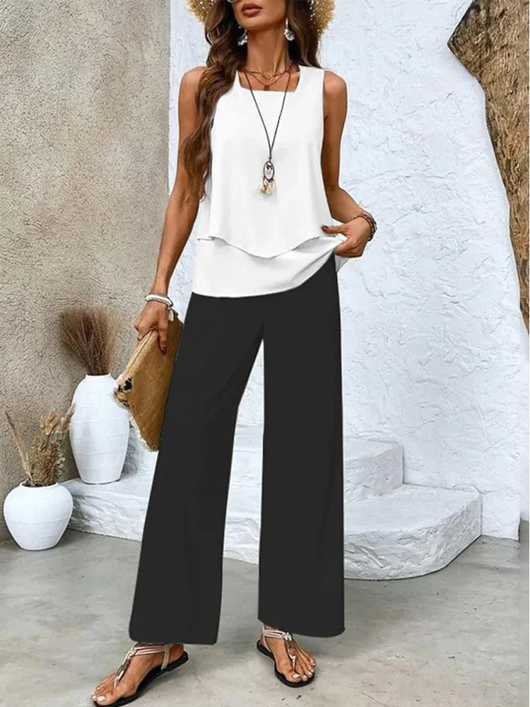 Women's Set – Sleeveless Top and Wide Pants – Relaxed Fit – Breathable Comfort