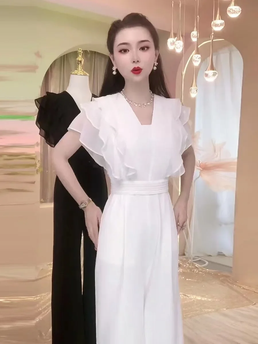 Women's Jumpsuit - V-Neck Pleated Top - Ruched Sleeves - Wide Leg Pants