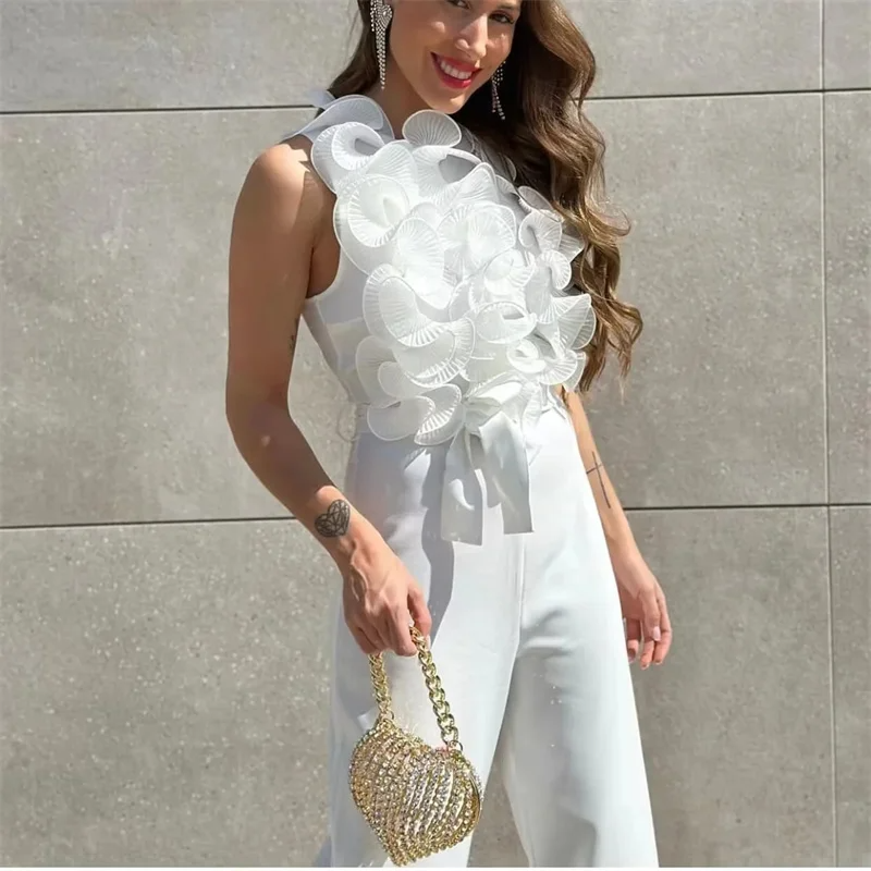 Women's Jumpsuit - Sleeveless Top with Voluminous Ruffles - High-Waisted Wide Pants