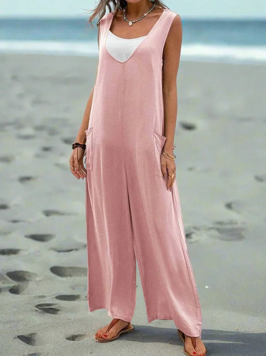 Women's Jumpsuit - Sleeveless - V-neck - Loose Fit - Wide Legs - Casual Comfort