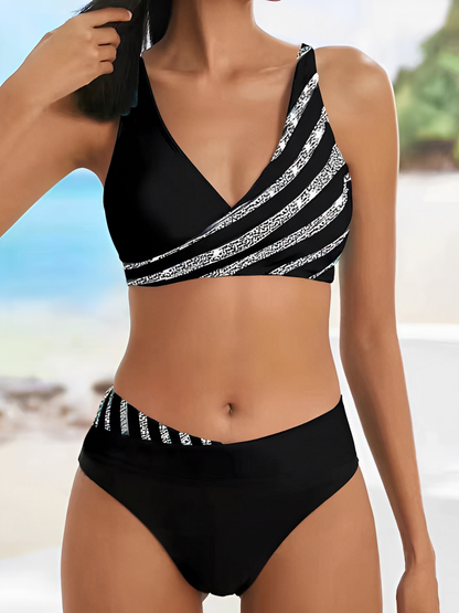 Women's Bikini Set – Asymmetric One-Shoulder – Stretchable and Breathable – Striped Design