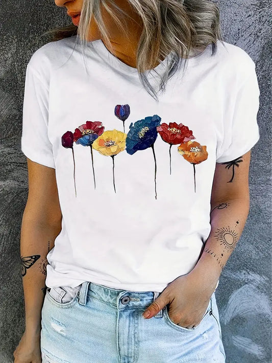 Women's T-shirt – Relaxed Fit – Soft Breathable Fabric – Floral Print – Round Neck