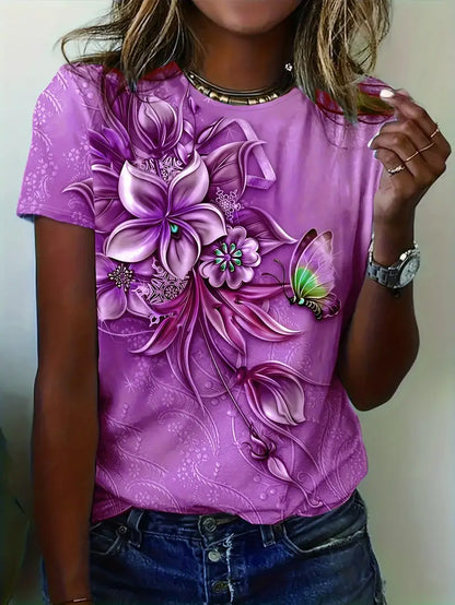 Dame T-shirt - Kort Ærme - Rund Hals - Blomster & Sommerfugl Design - Afslappet Pasform