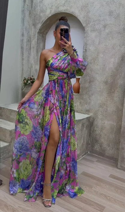 Dress for Women – Maxi Dress with Floral Print – One Shoulder – High Slit – Elegant Fit