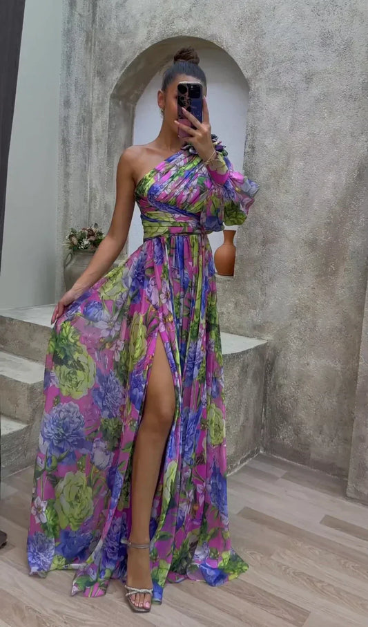Dress for Women – Maxi Dress with Floral Print – One Shoulder – High Slit – Elegant Fit