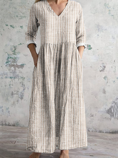 Dress for Women – Maxi Length – Relaxed Fit – Natural Fibers – Striped – V-Neck – Long Sleeves – With Pockets