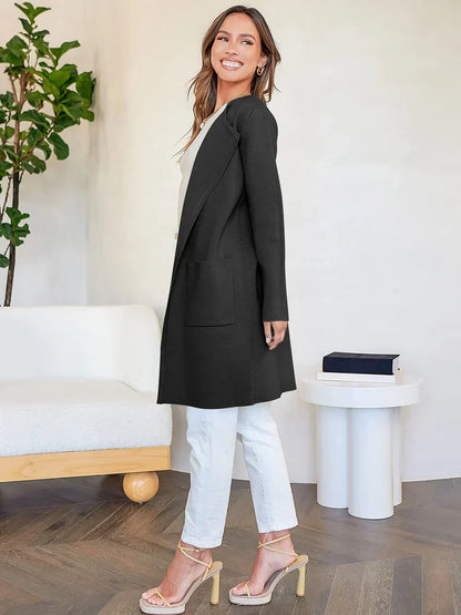 Women's Coat – Relaxed Fit – Knee Length – Wide Lapels – Minimalist Design