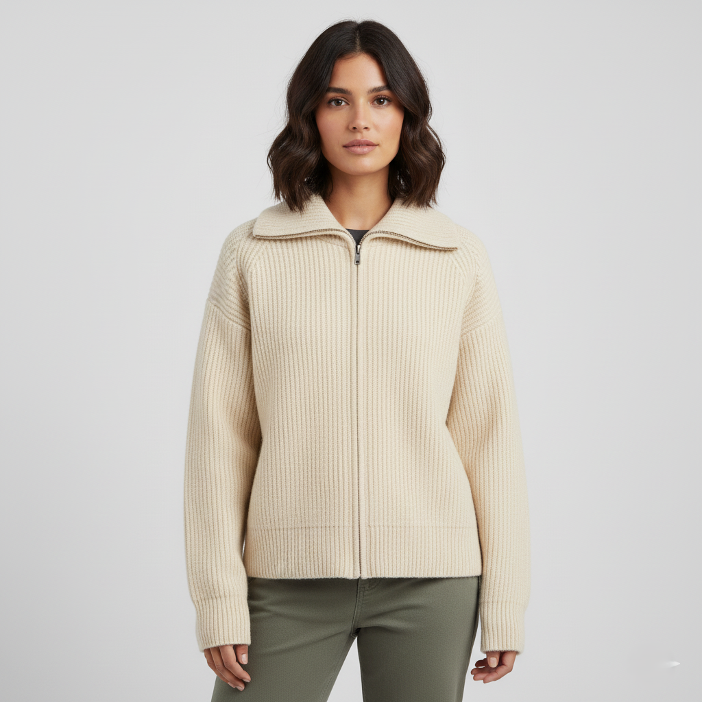 Women's Cardigan – Slim Fit – Ribbed Knit – High Collar – Zipper Closure