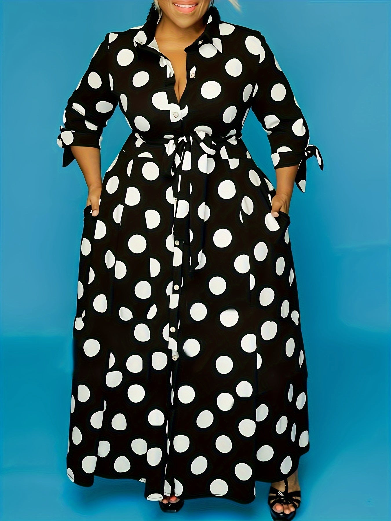 Women's Maxi Dress - Polka Dot Pattern - Button Closure - Waist Tie - 3/4 Sleeves