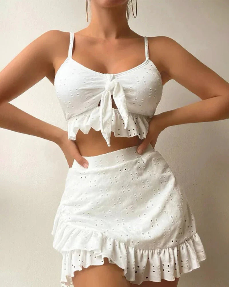 Women's Bikini Set – Relaxed Fit – Breathable Fabric – Broderie Anglaise – High Waist Skirt