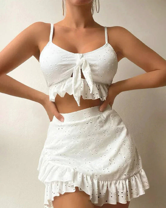 Women's Bikini Set – Relaxed Fit – Breathable Fabric – Broderie Anglaise – High Waist Skirt