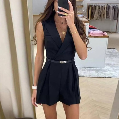 Dame Blazer-Style Romper - Ærmeløs - Taljebælte - Elegant og Figursyet