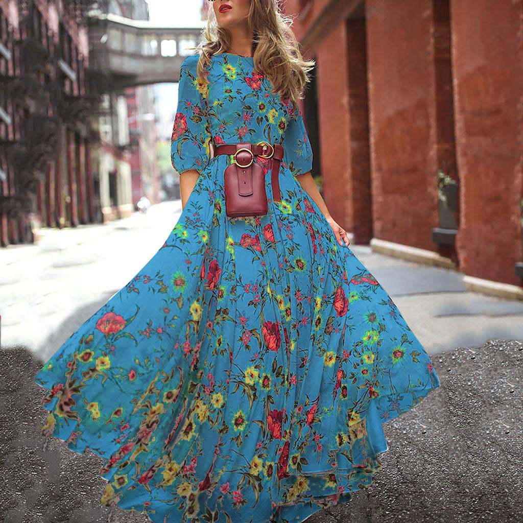 Dame Maxi Kjole - Blomsterprint - A-Linje - Trekvart Ærmer - Let og Luftig