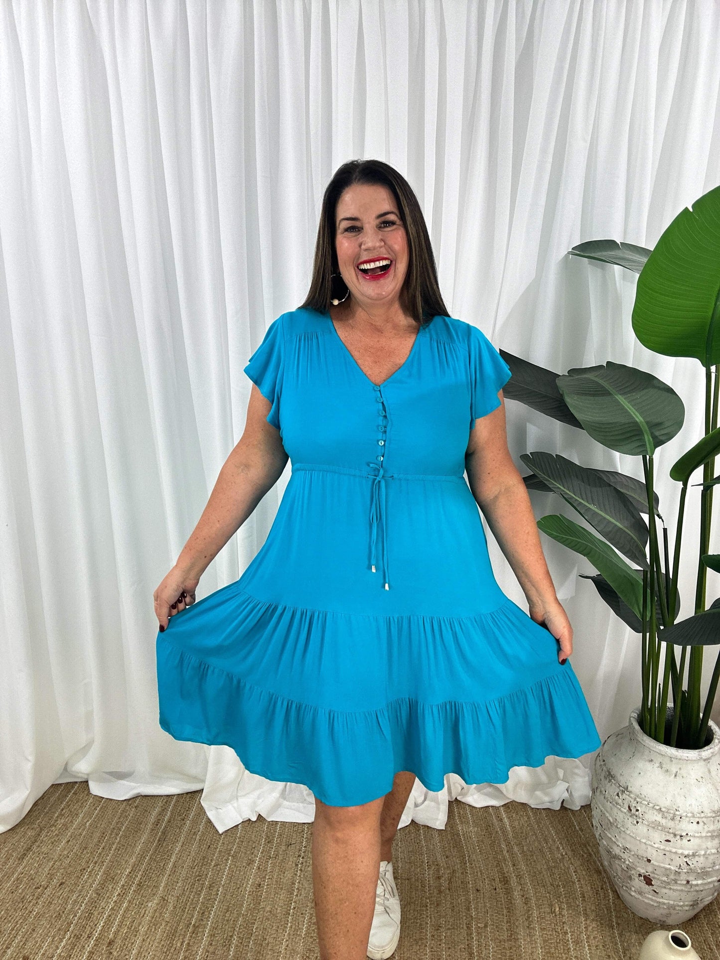 Women's Dress - V-neck - Button Closure - Adjustable Waist - Short Sleeves - Loose Fit