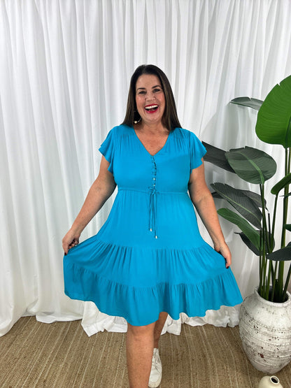 Women's Dress - V-neck - Button Closure - Adjustable Waist - Short Sleeves - Loose Fit