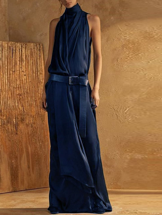 Women's Maxi Dress – Sleeveless – High Neck – Belted Waist – Light and Airy Fit