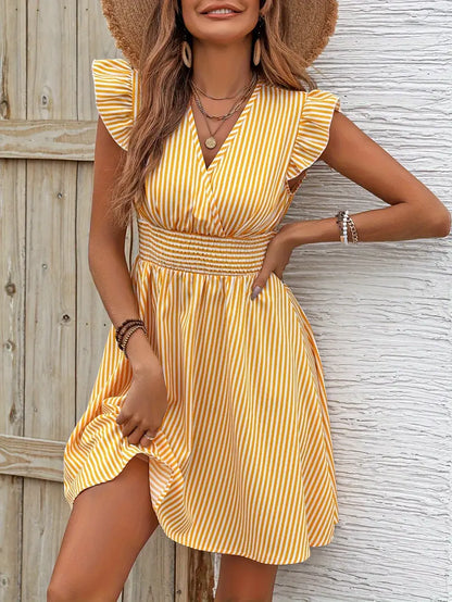 Women's Summer Dress - V-Neck - Ruffle Sleeves - Fitted Waist - Light and Breathable