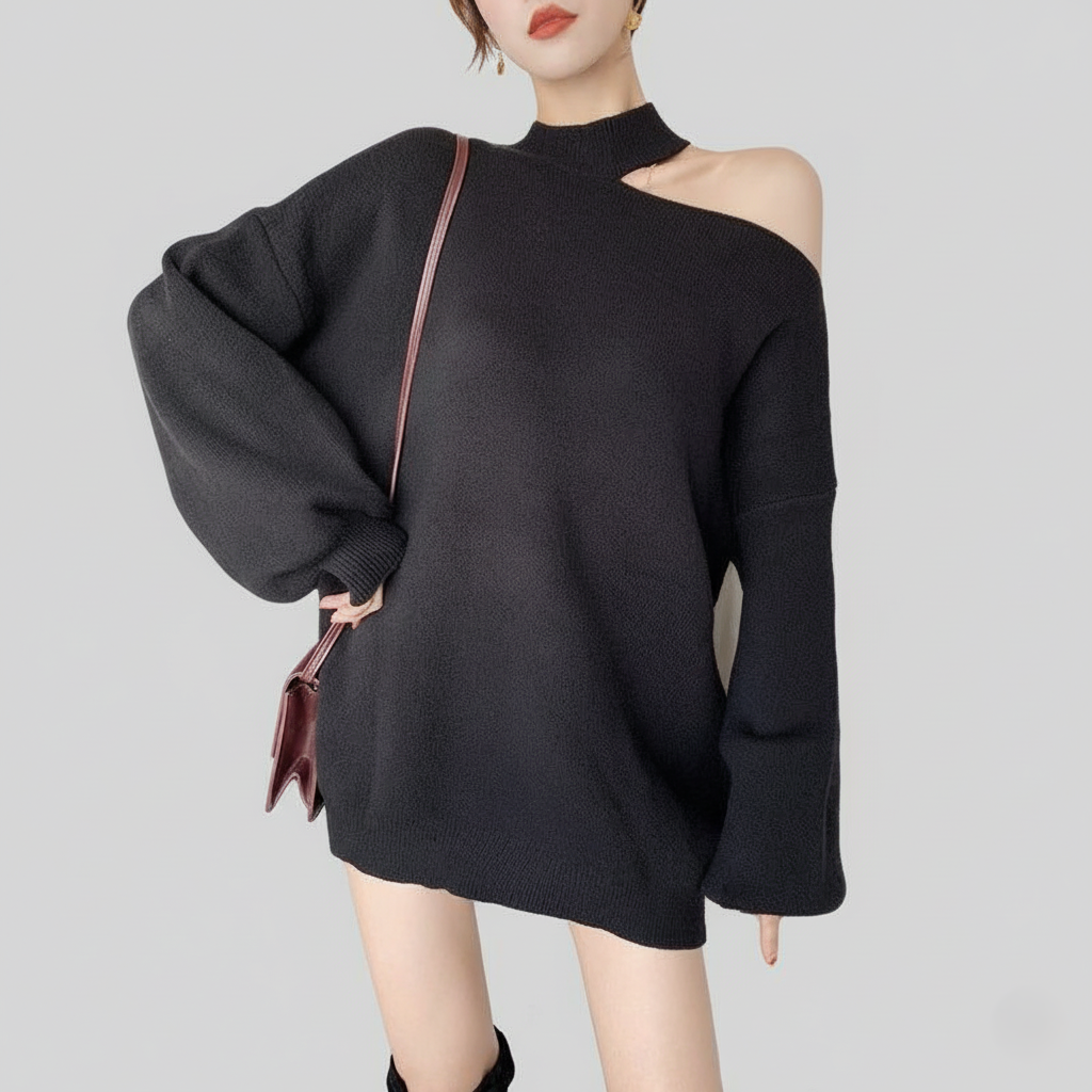 Women's Sweater - One Shoulder Oversized Pullover - Choker Neck