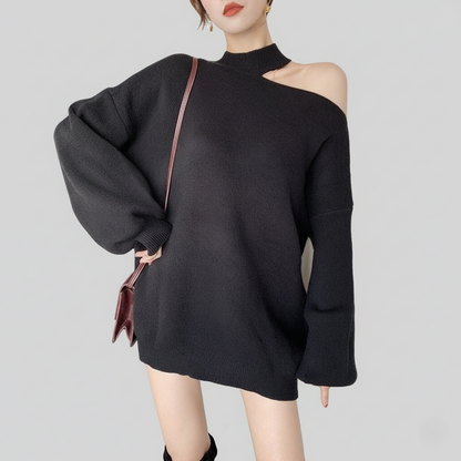 Women's Sweater - One Shoulder Oversized Pullover - Choker Neck