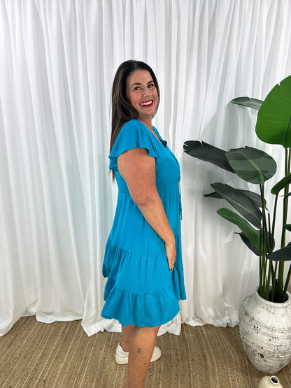 Women's Dress - V-neck - Button Closure - Adjustable Waist - Short Sleeves - Loose Fit