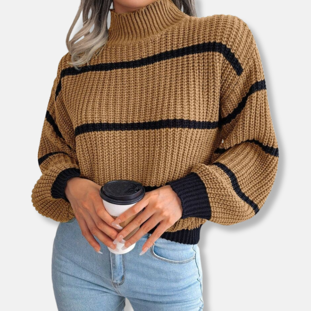 Women's Knit Sweater - Soft Ribbed Turtleneck - Relaxed Fit - Classic Stripes