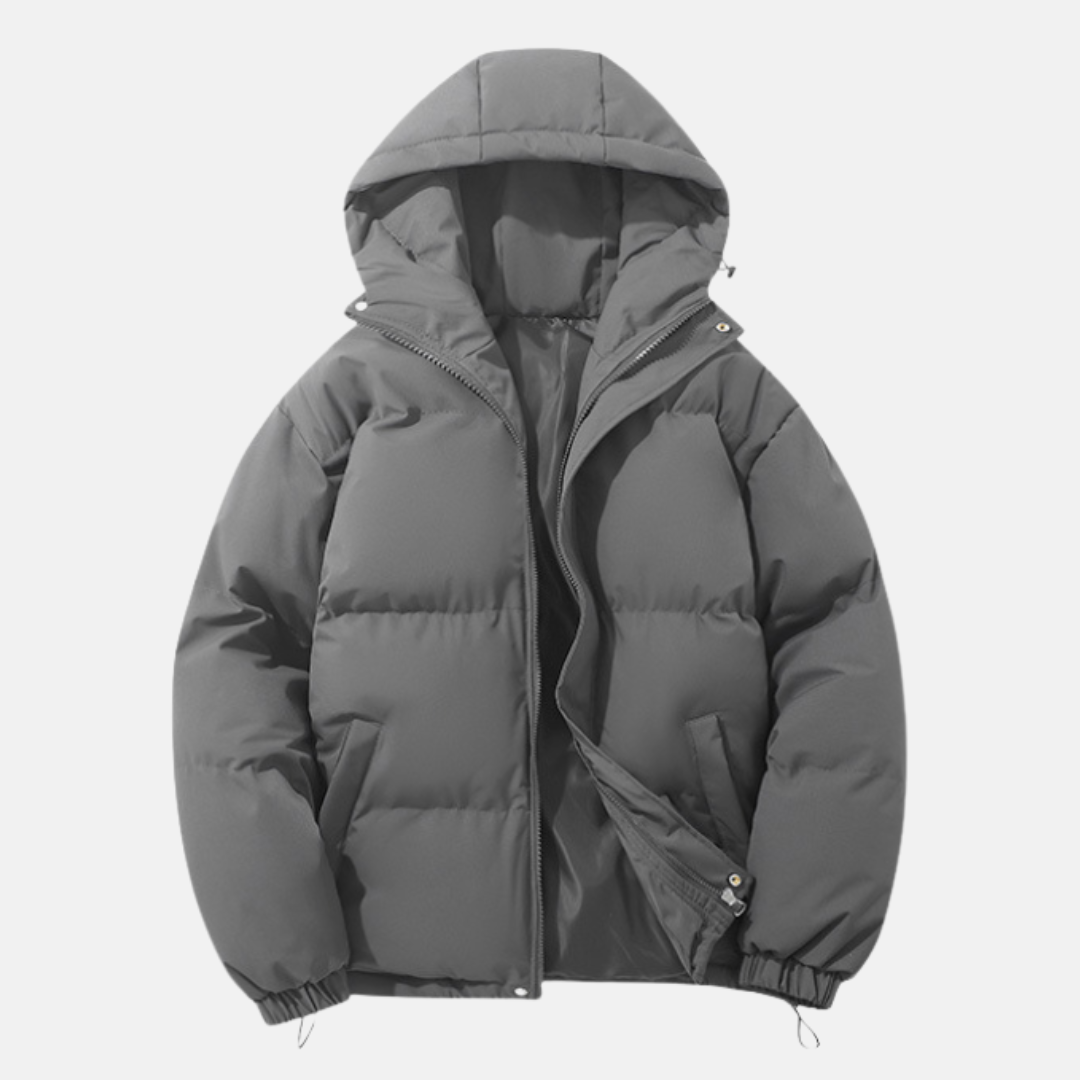 Men’s Puffer Coat - Insulated - Hip Length - Attached Hood - Elasticated Hem