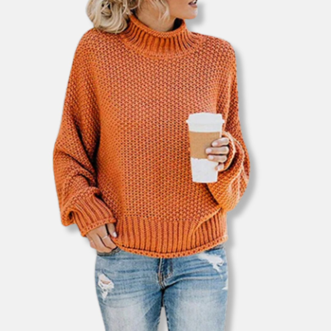 Women's Knit Sweater – Oversize Fit – Chunky Knit – High Neck – Dropped Shoulder