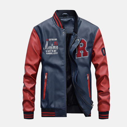Men's Baseball Jacket – Classic Varsity Fit – Leather Look – Ribbed Edges – Snap Closure