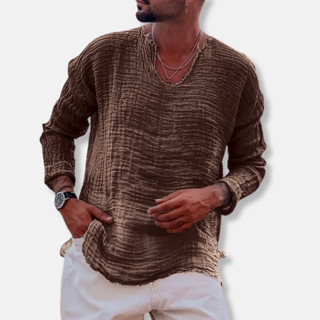 Men's Long-Sleeve Shirt - Relaxed Fit - Soft and Breathable - Raw Round Neck