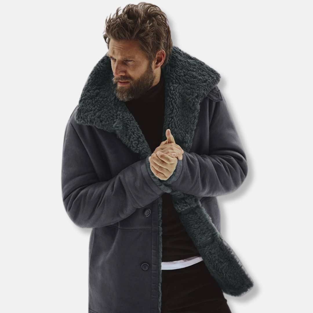 Men’s Coat - Woven Fabric - Relaxed Fit - Mid-Thigh Length - Shearling Collar