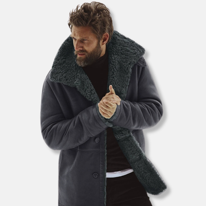Men’s Coat - Woven Fabric - Relaxed Fit - Mid-Thigh Length - Shearling Collar