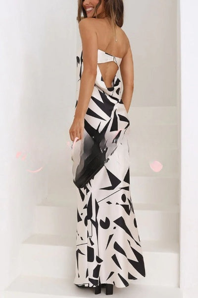 Women's Maxi Dress – Strapless – Elegant Fit – Geometric Pattern – Flare Skirt